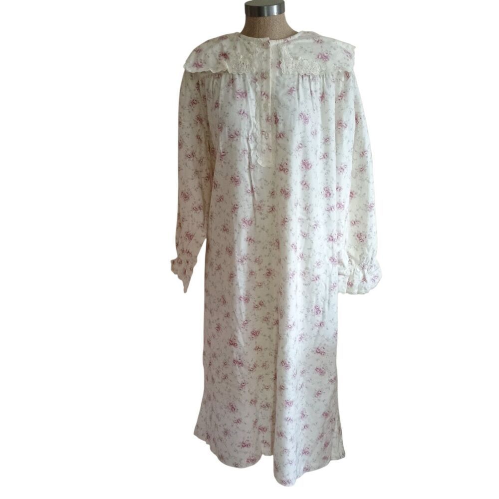 Lord & Taylor Nightgown Womens Sz XL Floral Cabbage Rose 100% Cotton Flannel